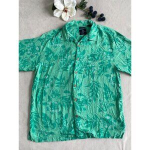 Caribbean Joe Mens XL Teal Hawaiian Floral Wood Buttons Shirt Washable Silk